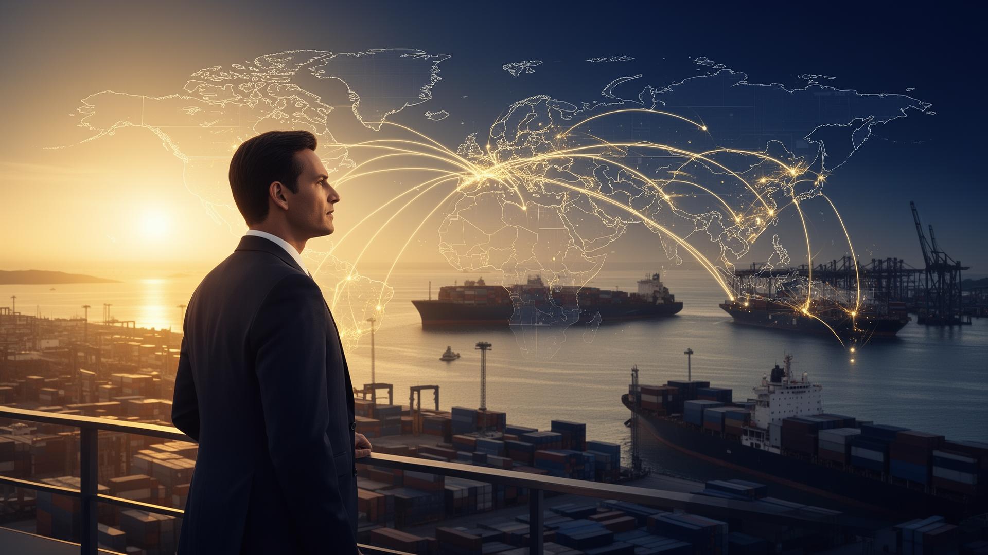 Executivo observando porto internacional ao entardecer